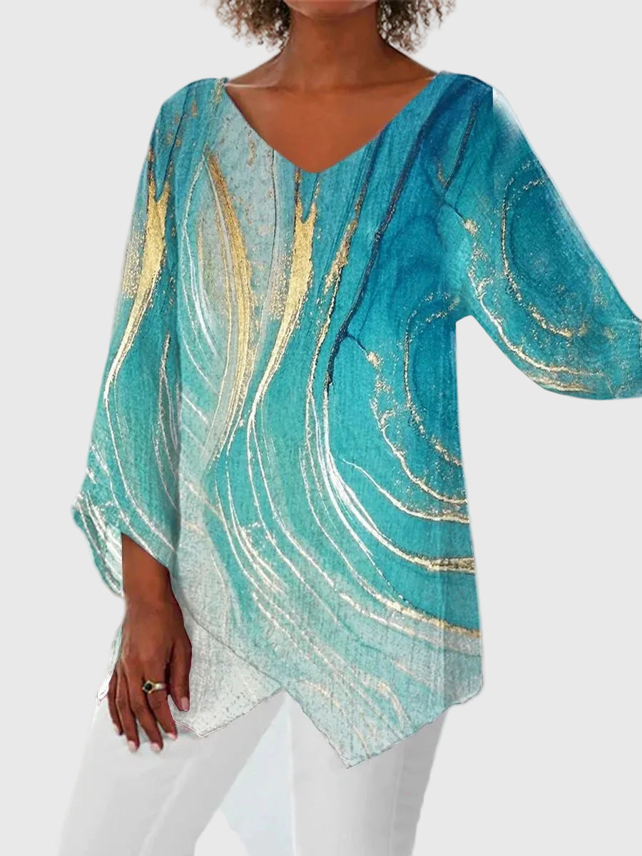 Florence | Women's Turquoise Print Long Sleeve V-Neck Asymmetrical Hem Blouse
