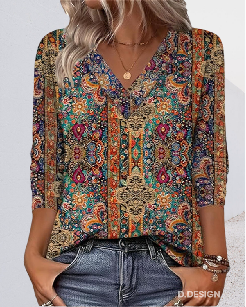 Coraline | Retro Printed V-Neck Blouse