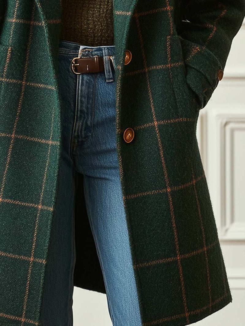 Karmen - Retro Lapels Checked Tweed Coat